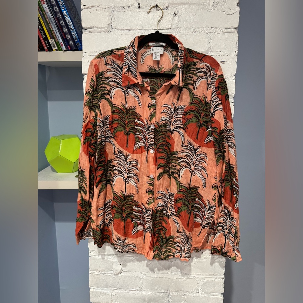 Nicole Miller - Sunset Floral 100% Linen Button Down Cover Up‎ Size XL